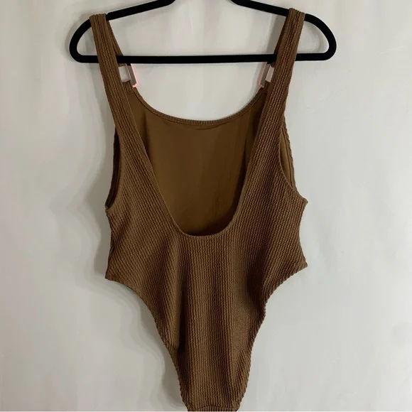 NWT Aerie Crinkle Birthday Scoop Cheekiest One Piece Brown Swimsuit, size L - Picture 8 of 9